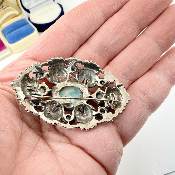 Vintage 1950s Czech Glass Turquoise Brooch, Ornate Silver Tone Filigree Pin - Picture 5 of 5